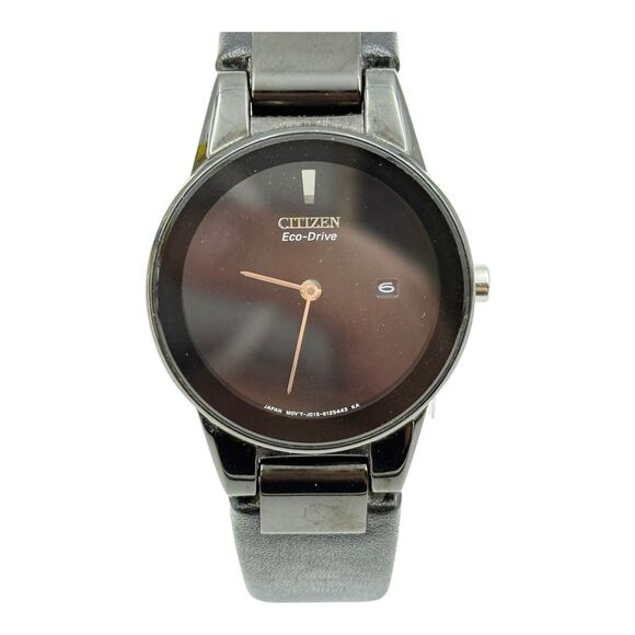 Citizen Eco-Drive Axiom Black Out Leather Date Women's Watch - Picture 1 of 7